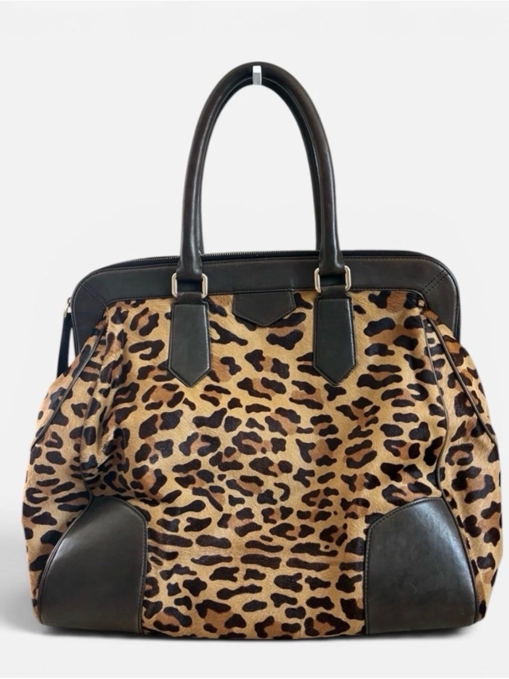 Bally Leopard Print Pony Hair Leather Satchel Bag Large Vintage Italy - Picture 2 of 8